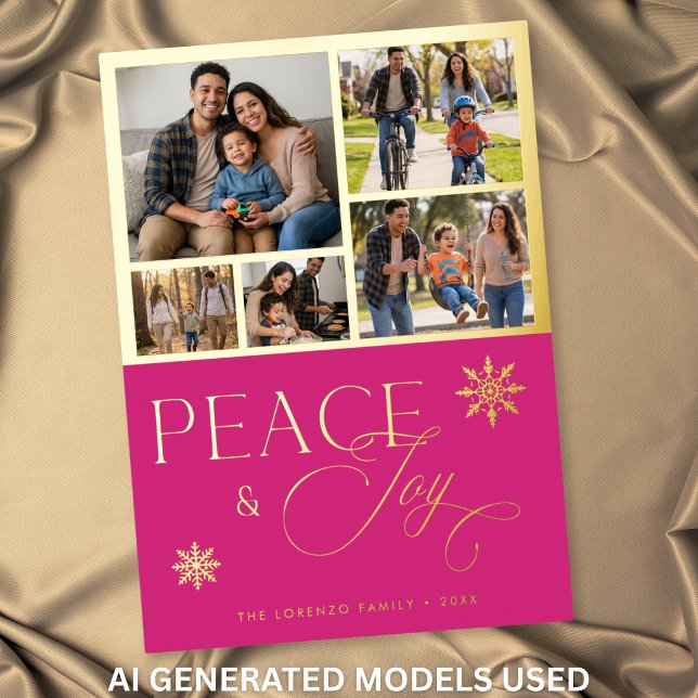 Modern Pink 5 Photo Collage Peace & Joy (Modern Pink 5 Photo Collage Peace & Joy Foil Holiday Card)