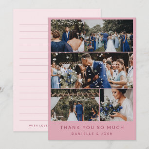 Modern Pink 5 Wedding Photo Collage Thank You Card