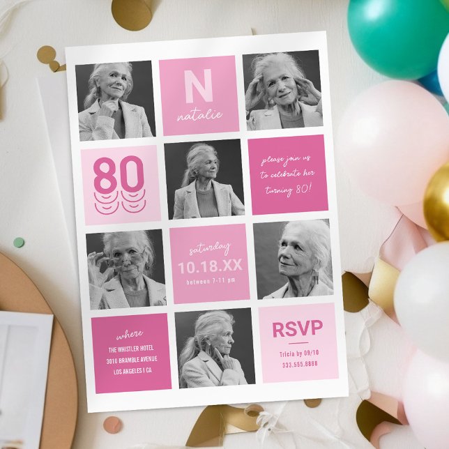 Modern Pink 80th Photo Birthday Invitation (Creator Uploaded)