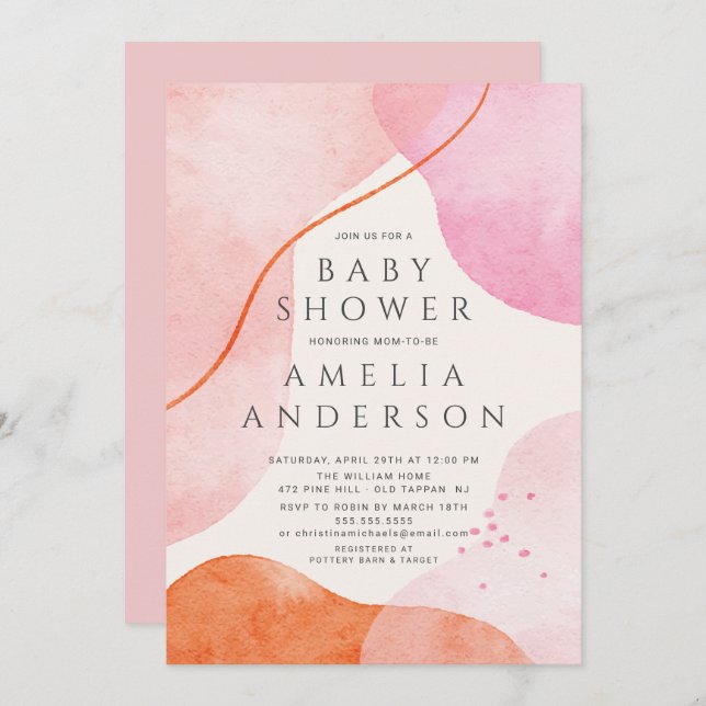 Modern Pink Abstract Shapes Baby Shower Invitation (Front/Back)