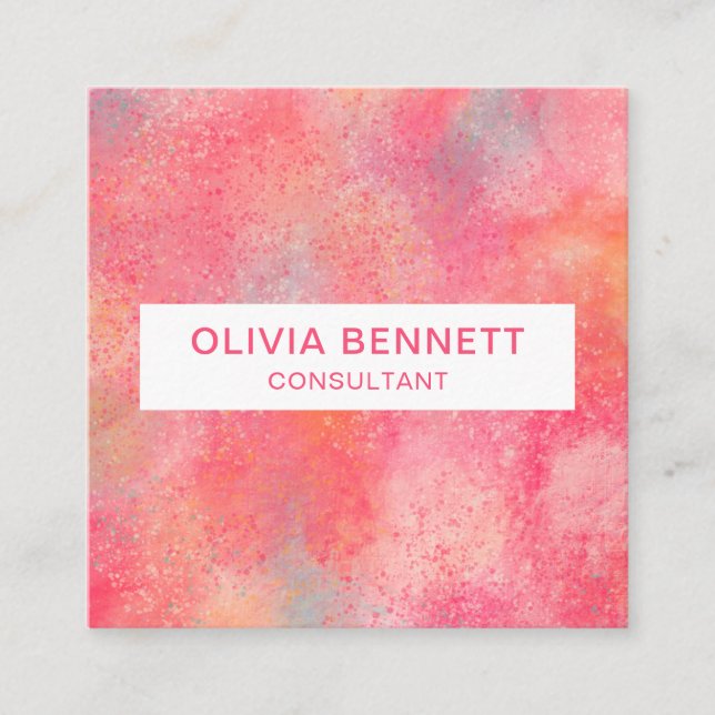 Modern Pink Abstract Watercolor Square Business Card (Front)