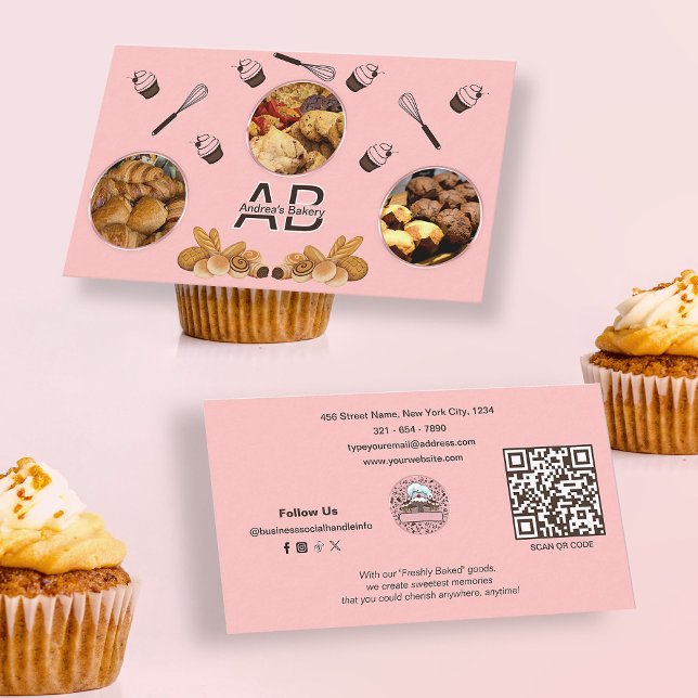 Modern Pink Add Photos and Monogram Bakery QR Code Business Card (Creator Uploaded)