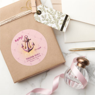 Modern Pink Ahoy! Anchor Nautical Baby Shower Classic Round Sticker
