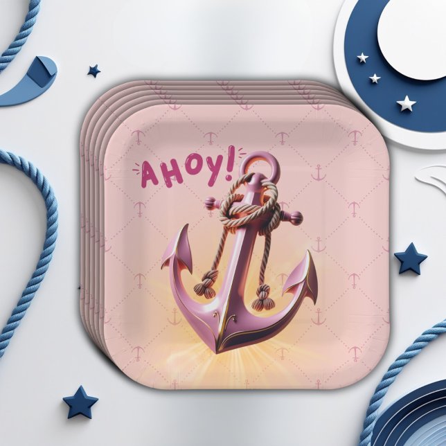 Modern Pink Ahoy! Anchor Nautical Baby Shower Paper Plate (Creator Uploaded)