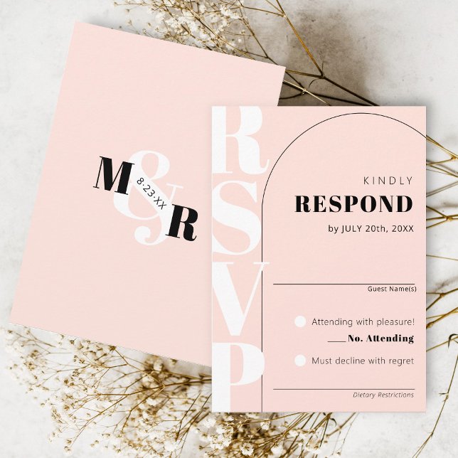 Modern Pink Ampersand Arch Wedding RSVP Card (Classy arch matching pink modern wedding invitation RSVP card, ampersand monogram black and white)