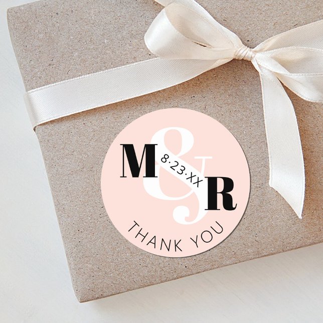 Modern Pink Ampersand Monogram Wedding Thank You Classic Round Sticker (Elegant modern blush pink black and white bold ampersand wedding thank you guest favor round sticker)