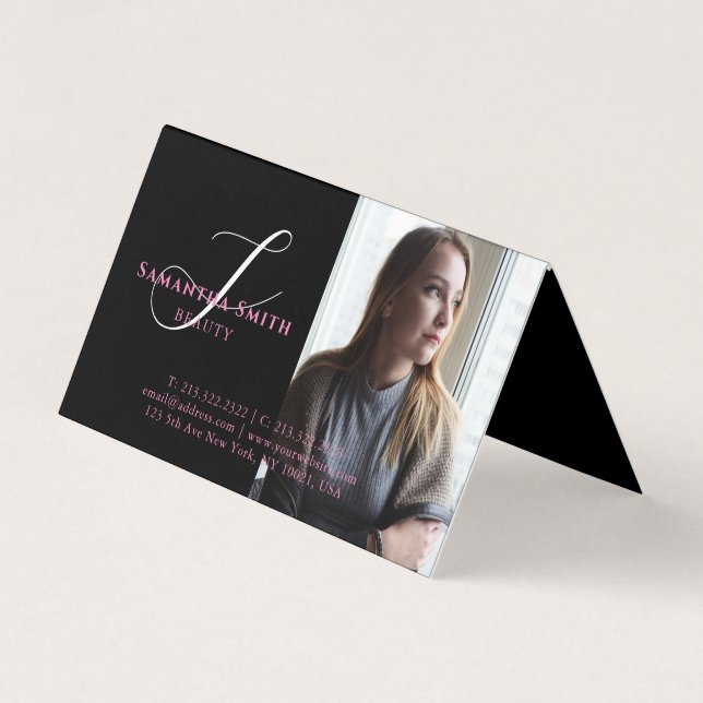 Modern Pink and Back 4 Photos Script Monogram Business Card (Front)