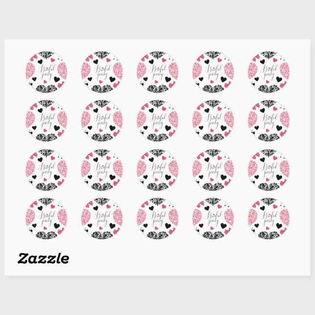 modern pink and black celebration bridal shower classic round sticker (Sheet)