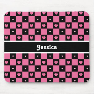 Modern Pink and Black Chequered Hearts With Name Mouse Pad