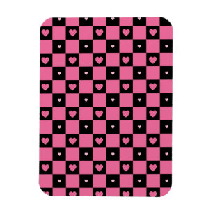 Modern Pink and Black Chequered Pattern Girly Hear Magnet
