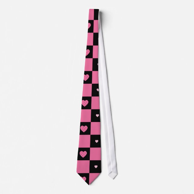 Modern Pink and Black Chequered Pattern Girly Tie (Front)