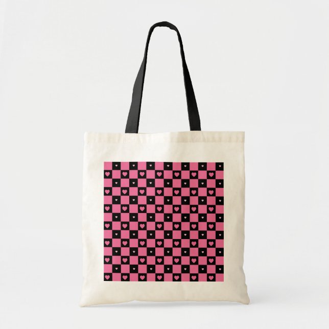 Modern Pink and Black Chequered Pattern Girly Tote Bag (Front)
