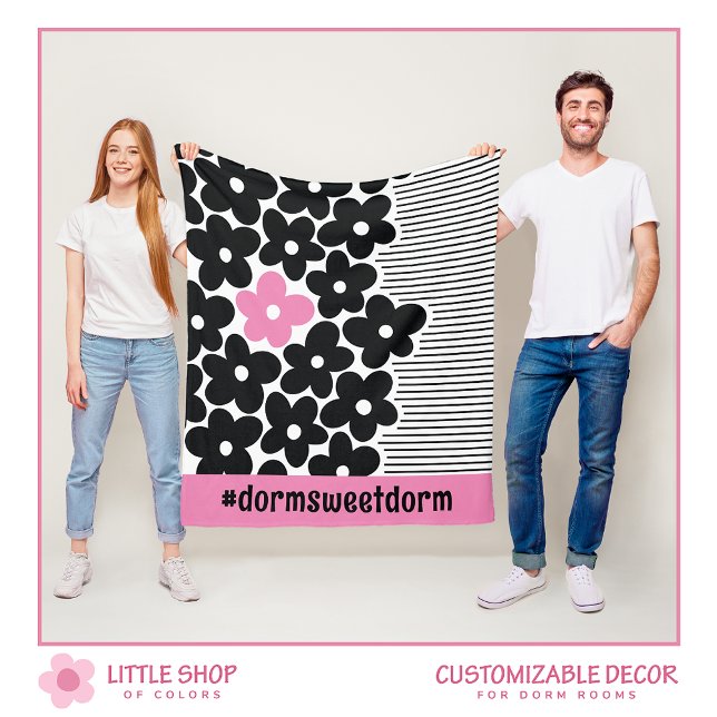 Modern Pink and Black Floral Dorm Room Fleece Blanket (Creator Uploaded)