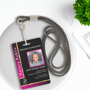 Modern pink and black Notary QR Code Photo I.D. ID Badge