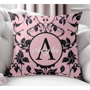 Modern Pink and Black Rose Damask Monogram Cushion
