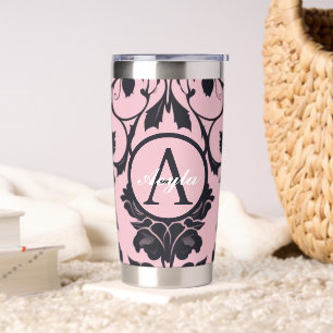 Modern Pink and Black Rose Damask Monogram Insulated Tumbler