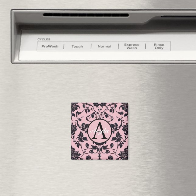 Modern Pink and Black Rose Damask Monogram Magnet (In Situ (Dishwasher))