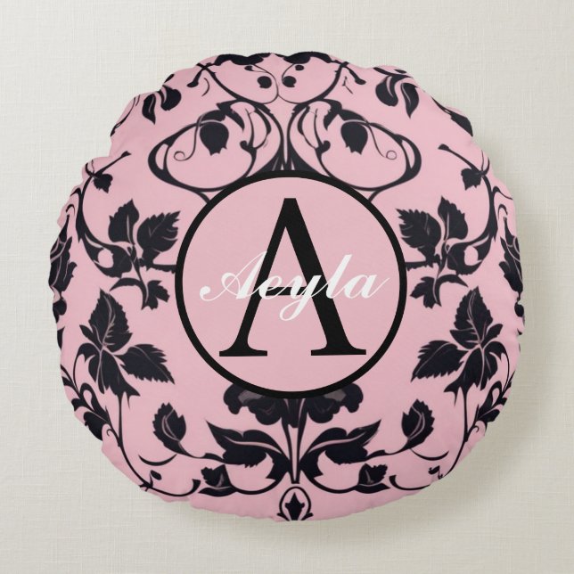 Modern Pink and Black Rose Damask Monogram Round Cushion (Front)
