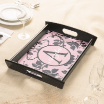 Modern Pink and Black Rose Damask Monogram