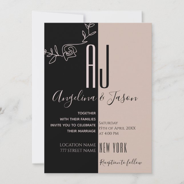 Modern Pink and Black Wedding Invitation (Front)