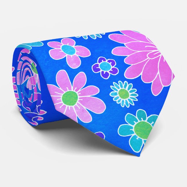 Modern Pink and Blue Daisy Floral Pattern Tie (Rolled)