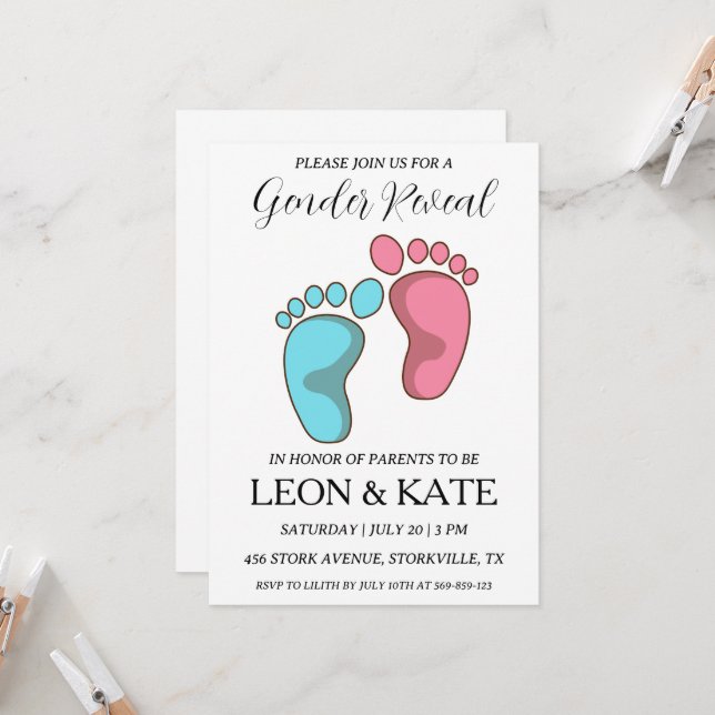 modern pink and blue gender reveal invitations (Front/Back In Situ)