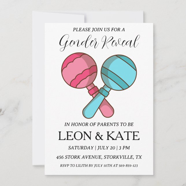 modern pink and blue gender reveal invitations (Front)