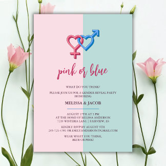  Modern Pink And Blue Gender Reveal Party Invitation