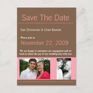 Modern pink and Brown save the date Announcement Postcard