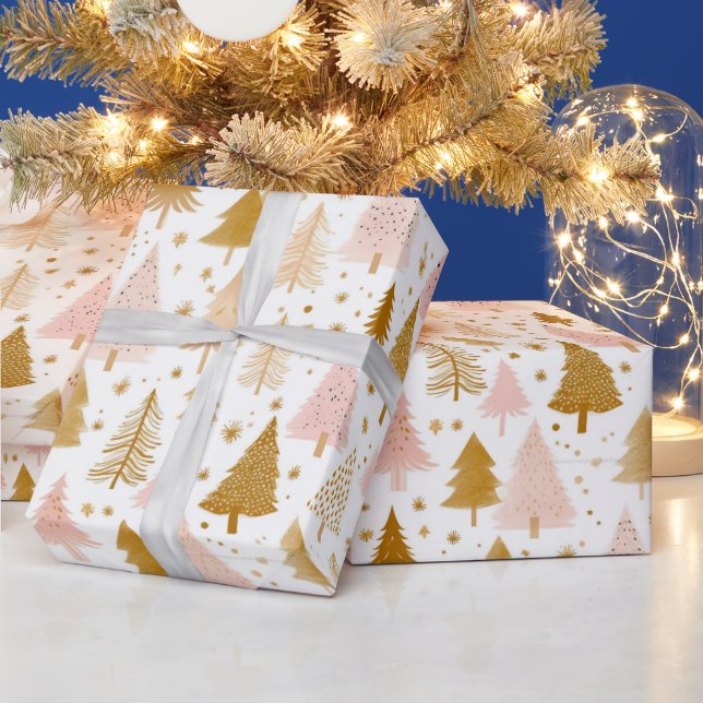 Modern Pink and Gold Christmas Tree Pattern Wrapping Paper (Holidays)