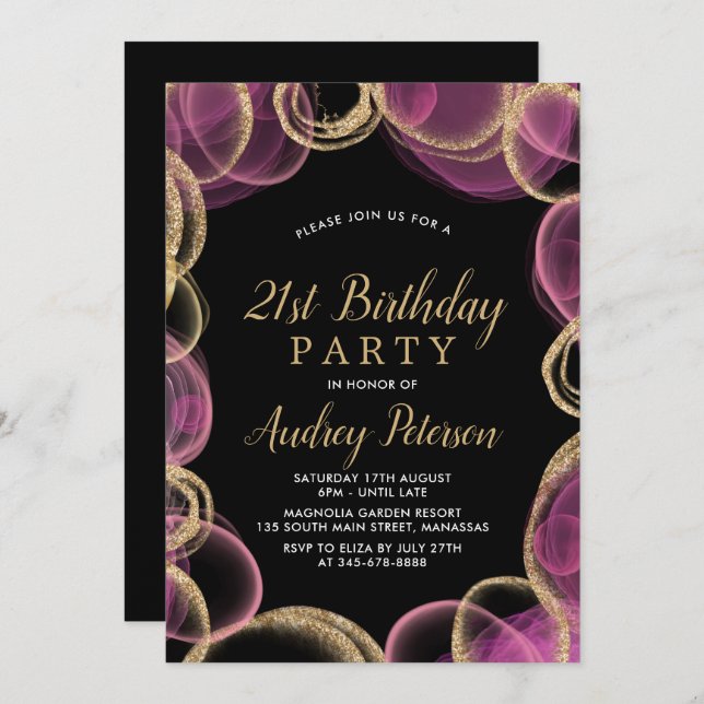 Modern Pink and Gold Circle Black 21st Birthday Invitation (Front/Back)