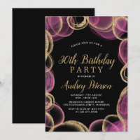 Modern Pink and Gold Circle Black 30th Birthday