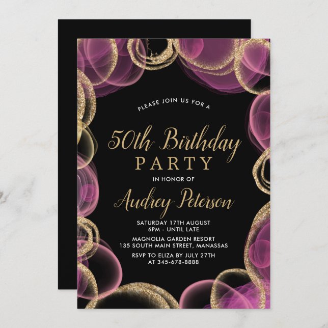 Modern Pink and Gold Circle Black 50th Birthday Invitation (Front/Back)