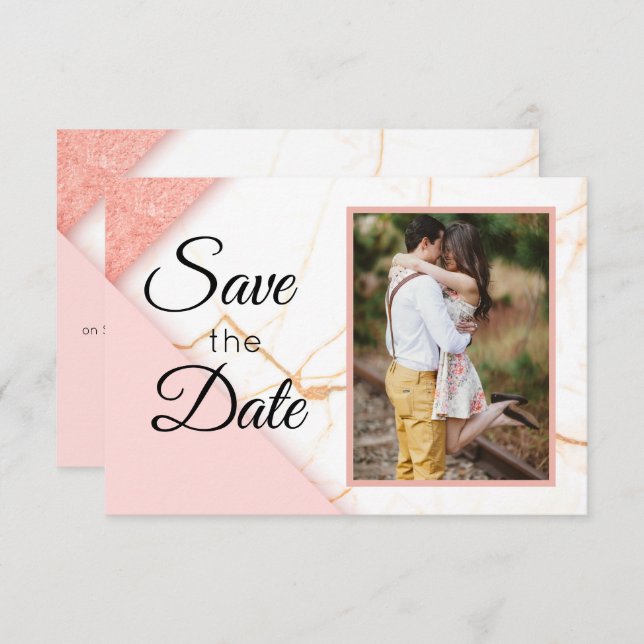 Modern Pink and Gold Glitter Marble Save The Date (Front/Back)