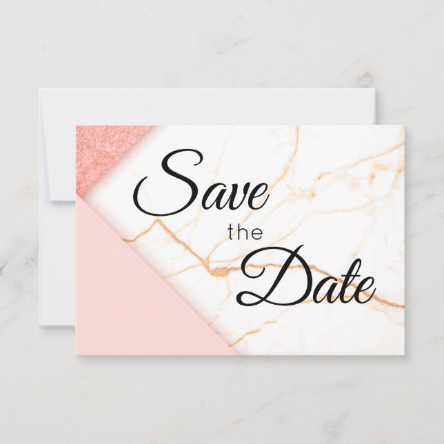 Modern Pink and Gold Glitter Marble Save The Date (Front)