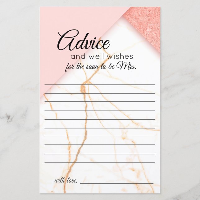 Modern Pink and Gold Marble Advice Card (Front)
