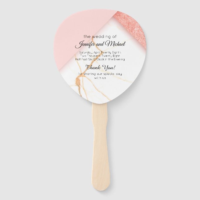 Modern Pink and Gold Marble Wedding Program Hand Fan (Front)