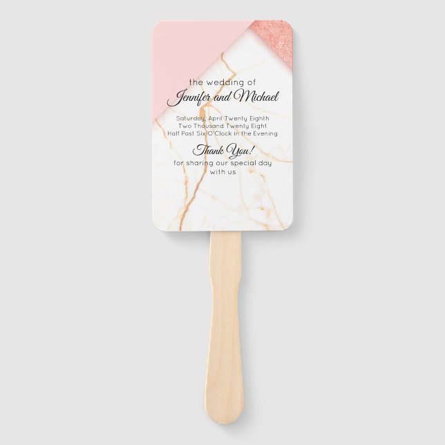 Modern Pink and Gold Marble Wedding Program Hand Fan (Front)