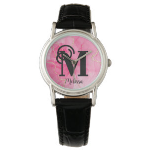 Modern Pink and Gold Marbled Monogram Name Watch