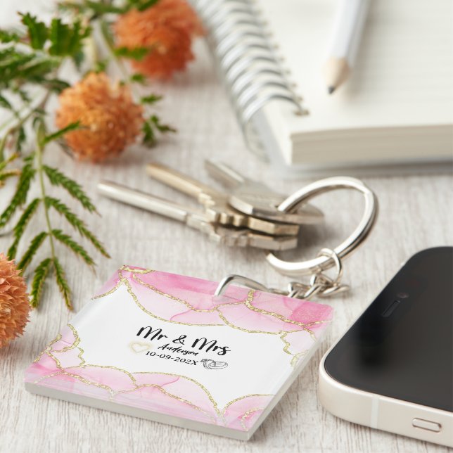 Modern Pink and Gold Mr and Mrs Key Ring (Front Right)