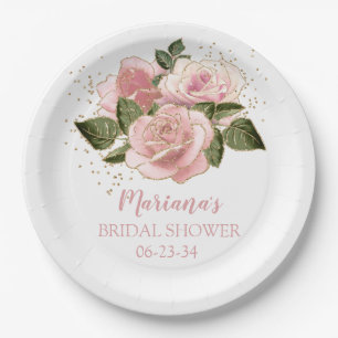 Modern Pink and Gold Roses Bridal Shower Paper Plate