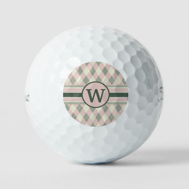 Modern Pink and Green Argyle Pattern Monogram Golf Balls (Front)