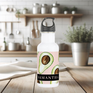 Modern Pink And Green Avocado Pattern With Name 532 Ml Water Bottle
