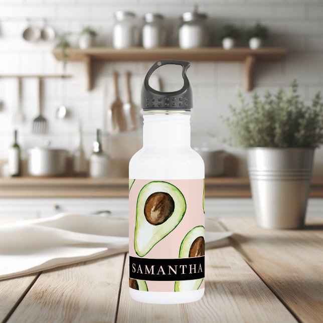 Modern  Pink And Green Avocado Pattern With Name 532 Ml Water Bottle (Creator Uploaded)