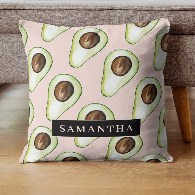 Modern  Pink And Green Avocado Pattern With Name Cushion (Creator Uploaded)