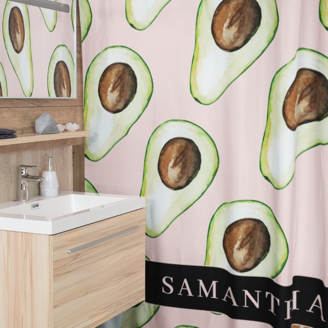 Modern  Pink And Green Avocado Pattern With Name Shower Curtain (Creator Uploaded)