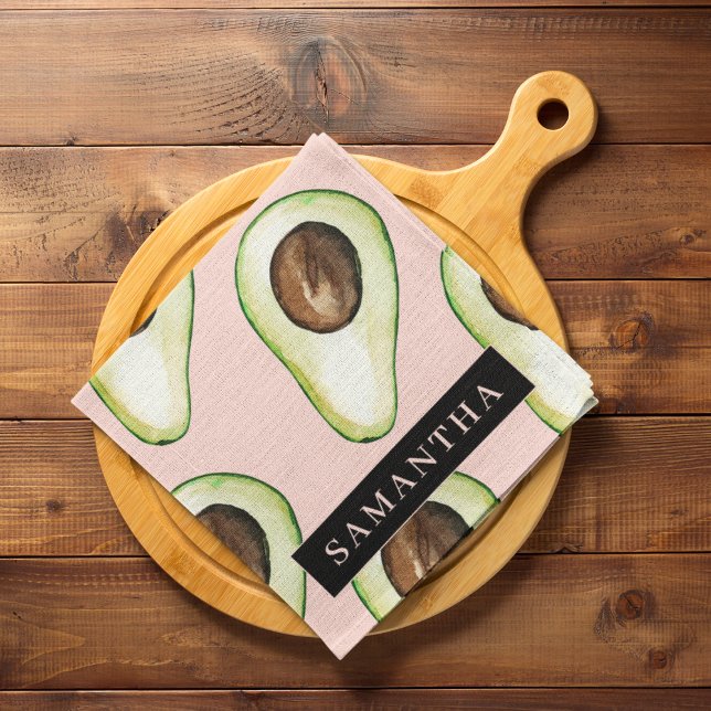 Modern  Pink And Green Avocado Pattern With Name Tea Towel (Creator Uploaded)