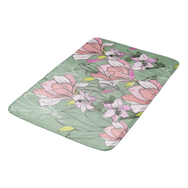Modern Pink And Green Botanical Pattern Bath Mat (Angled)