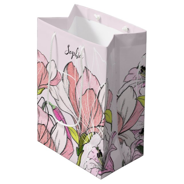 Modern Pink And Green Botanical Pattern Medium Gift Bag (Front Angled)