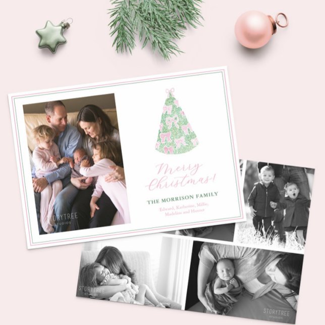 Modern Pink And Green Bows Merry Christmas Photo Holiday Card (Pretty Christmas Tree with pink bows photo collage holidays card with original watercolor artwork)